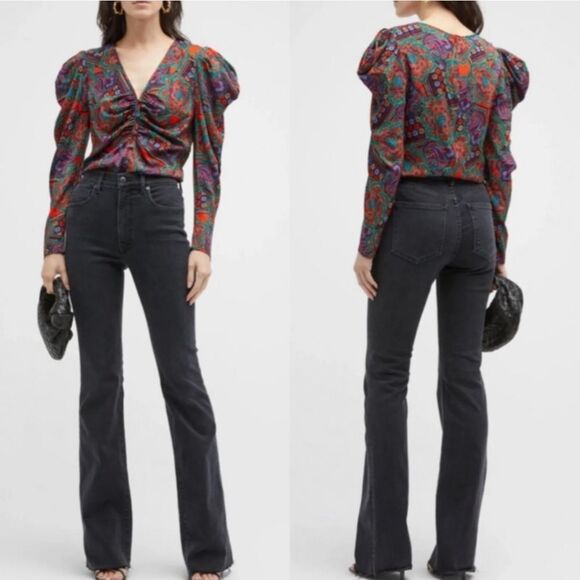 Veronica Beard Simmons‎ Silk-Blend Puff-Sleeve Ruched Blouse Women's 4  - Small - Picture 3 of 12